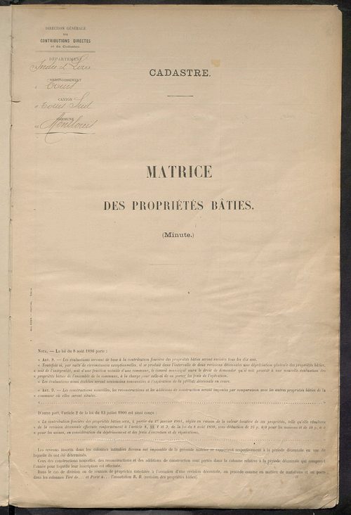 Tableau présentant la valeur locative réelle, le revenu net imposable et le nombre de propriétés bâties ; récapitulation ; table alphabétique des propriétaires ; matrice des propriétés bâties, cases 1 à 592.