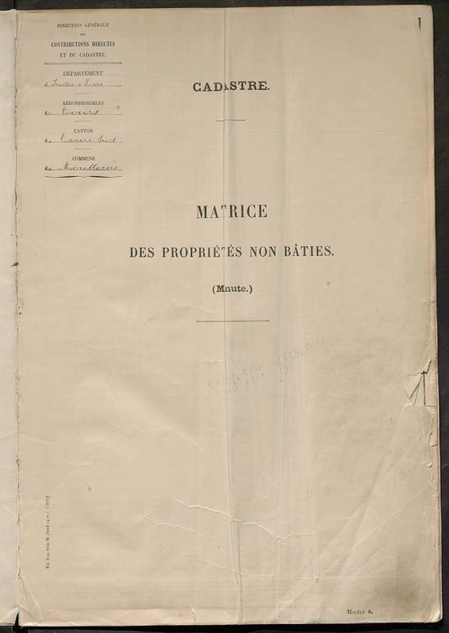 Matrice des propriétés non bâties : tableau présentant les augmentations et les diminutions survenues dans la matière imposable ; récapitulation ; table alphabétique des propriétaires.
