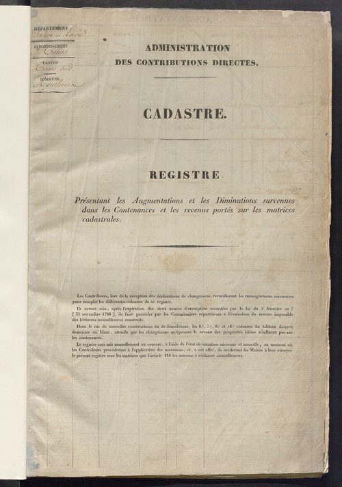 Registre présentant les augmentations et les diminutions survenues dans les contenances et les revenus portés sur les matrices cadastrales, 1824-1882; récapitulation des contenances et des revenus imposables, 1823 ; matrice des propriétés foncières, fol. 