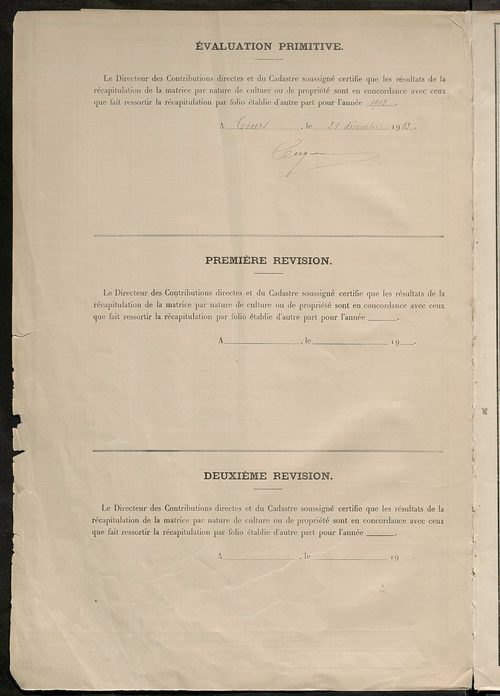 Matrice des propriétés non bâties : tableau présentant les augmentations et les diminutions survenues dans la matière imposable ; récapitulation ; table alphabétique des propriétaires.
