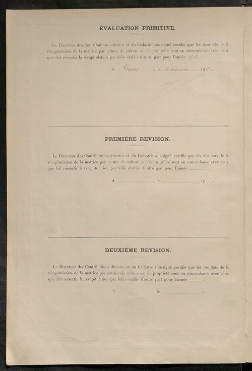 Matrice des propriétés non bâties ; tableau présentant les augmentations et les diminutions survenues dans la matière imposable ; récapitulation ; table alphabétique des propriétaires.