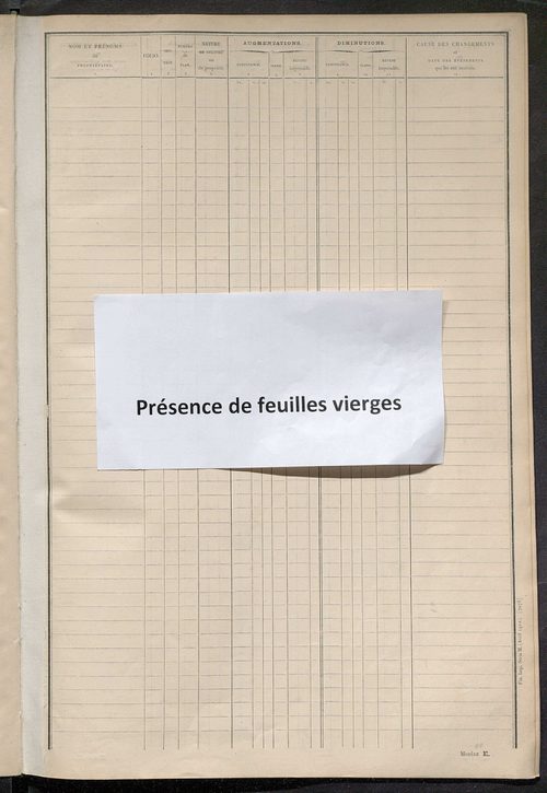 Matrice des propriétés non bâties ; tableau présentant les augmentations et les diminutions survenues dans la matière imposable ; récapitulation ; table alphabétique des propriétaires.