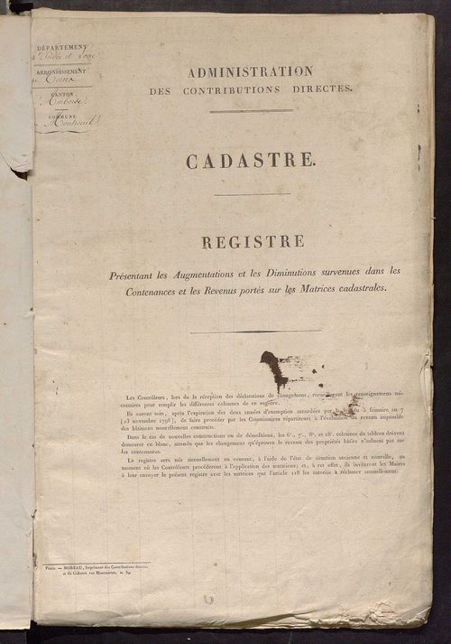 Registre présentant les augmentations et les diminutions survenues dans les contenances et les revenus portés sur les matrices cadastrales, 1825-1914 ; récapitulation des contenances et des revenus imposables, 1822 ; matrice des propriétés foncières, fol.