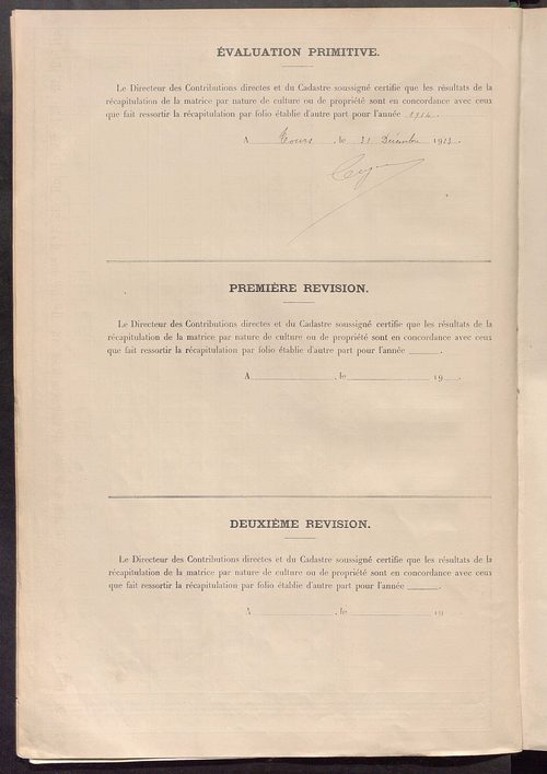 Tableau présentant les augmentations et les diminutions survenues dans la matière imposable ; récapitulation ; table alphabétique des propriétaires ; matrice des propriétés non bâties, fol. 1 à 498.