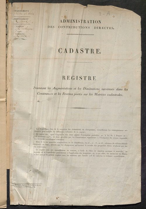 Registre présentant les augmentations et les diminutions survenues dans les contenances et les revenus portés sur les matrices cadastrales, 1828-1914 ; récapitulation des contenances et des revenus imposables, 1827 ; matrice des propriétés foncières, fol.
