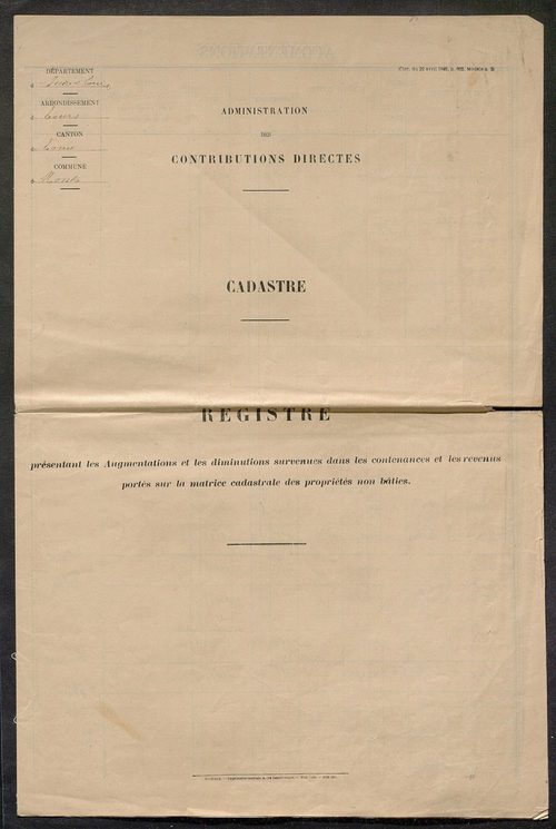 Registre présentant les augmentations et les diminutions survenues dans les contenances et les revenus portés sur les matrices cadastrales, 1828-1914 ; récapitulation des contenances et des revenus imposables, 1827 ; matrice des propriétés foncières, fol.