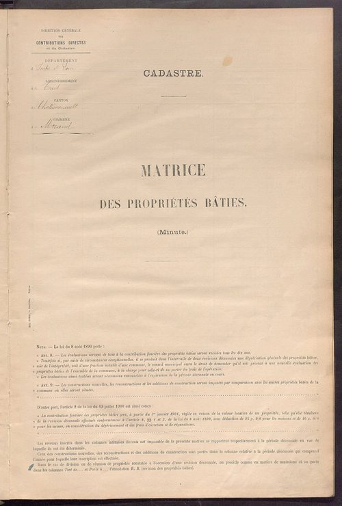 Matrice des propriétés bâties ; récapitulation ; table alphabétique des propriétaires.
