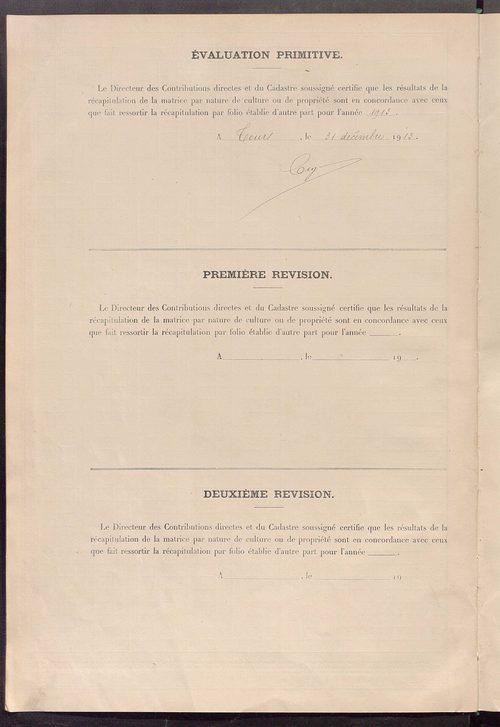 Matrice des propriétés non bâties ; tableau présentant les augmentations et les diminutions survenues dans la matière imposable ; récapitulation ; table alphabétique des propriétaires.