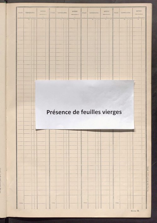 Matrice des propriétés non bâties ; tableau présentant les augmentations et les diminutions survenues dans la matière imposable ; récapitulation ; table alphabétique des propriétaires.
