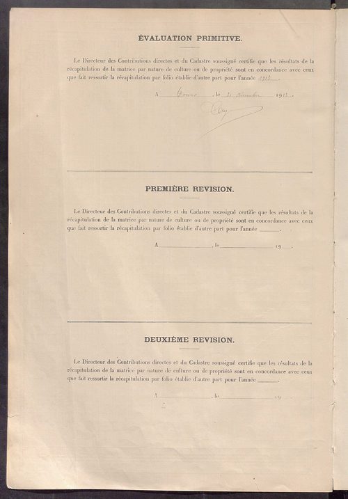 Tableau présentant les augmentations et les diminutions survenues dans la matière imposable ; récapitulation ; table alphabétique des propriétaires ; matrice des propriétés non bâties, fol. 1 à 488.