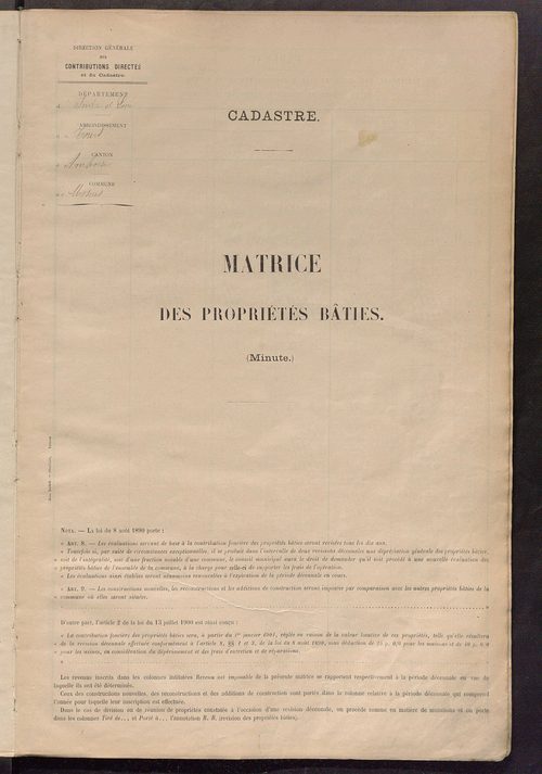 Matrice des propriétés bâties ; récapitulation ; table alphabétique des propriétaires.