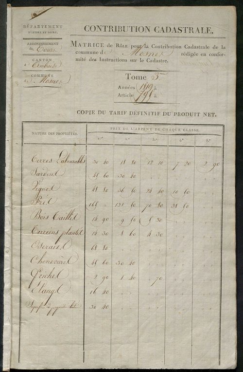 Matrice de rôle pour la contribution cadastrale, art. 795 à 1019.