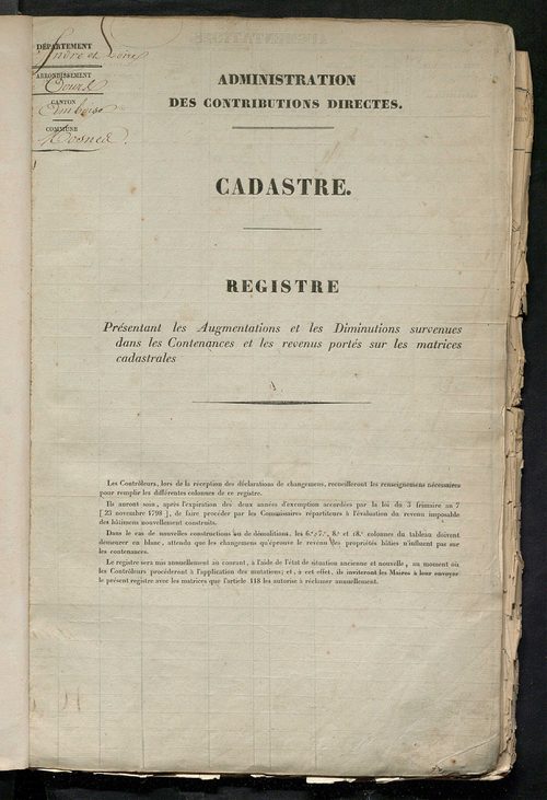 Registre présentant les augmentations et les diminutions survenues dans les contenances et les revenus portés sur les matrices cadastrales, 1824-1905; récapitulation des contenances et des revenus imposables, 1823 ; matrice des propriétés foncières, fol. 