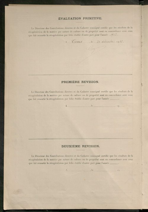Matrice des propriétés non bâties ; tableau présentant les augmentations et les diminutions survenues dans la matière imposable ; récapitulation ; table alphabétique des propriétaires.