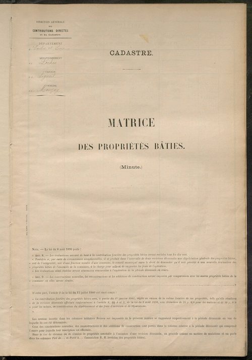 Matrice des propriétés bâties ; récapitulation ; table alphabétique des propriétaires.