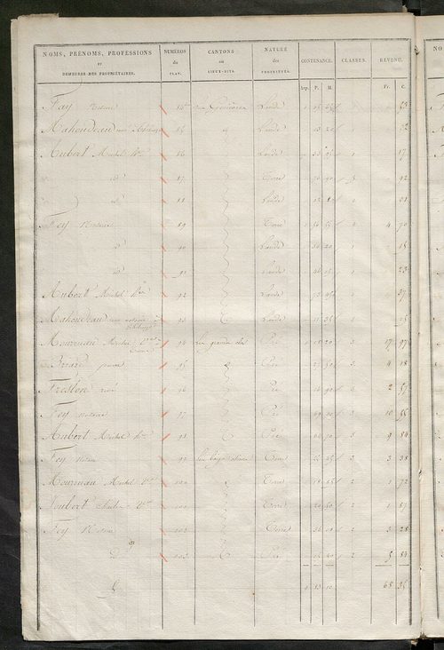 Etats de sections des propriétés non bâties et bâties ; relevé des numéros de propriétés non bâties de même nature ; relevé des propriétés bâties ; récapitulation de la contenance et du revenu imposables des propriétés.