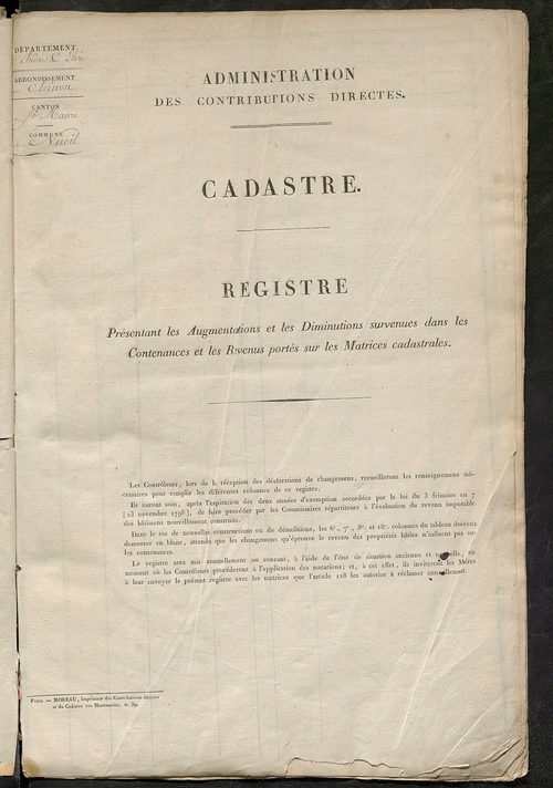 Registre présentant les augmentations et les diminutions survenues dans les contenances et les revenus portés sur les matrices cadastrales, 1830-1914 ; récapitulation des contenances et des revenus imposables, 1828 ; matrice cadastrales des propriétés fon