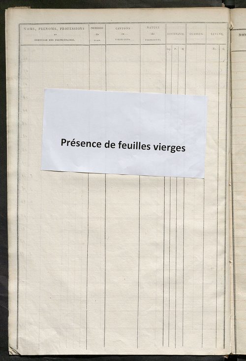 Etats de sections des propriétés non bâties et bâties ; relevé des numéros de propriétés non bâties de même nature ; relevé des propriétés bâties ; récapitulation de la contenance et du revenu imposables des propriétés.