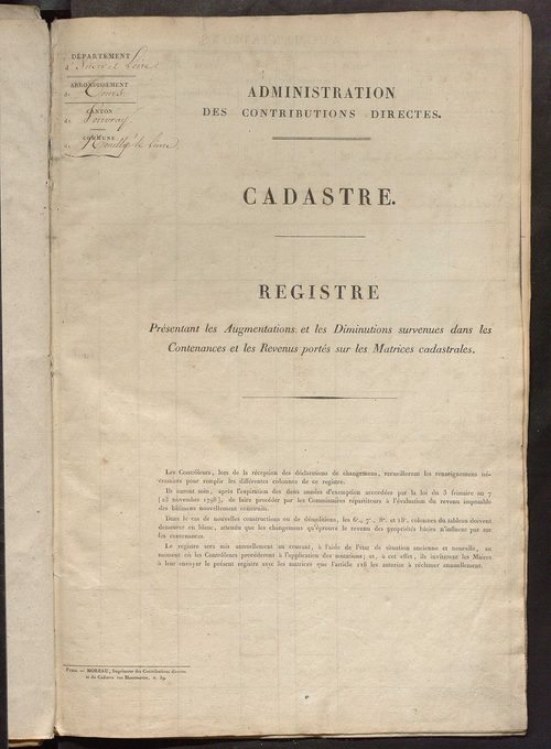 Registre présentant les augmentations et les diminutions survenues dans les contenances et les revenus portés sur les matrices cadastrales, 1827-1913 ; récapitulation des contenances et des revenus imposables, 1826 ; matrice des propriétés foncières, fol.