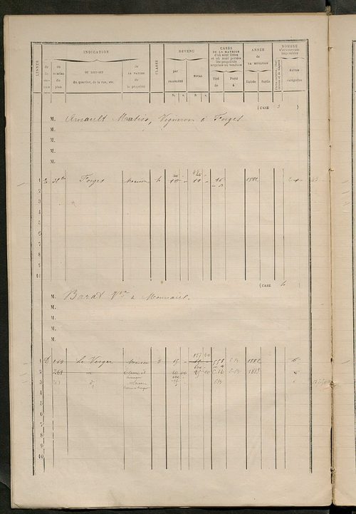 Matrice des propriétés bâties ; augmentations et diminutions, 1883-1891 ; séparation des revenus cadastraux afférents, pour l'année 1882, aux propriétés bâties et non bâties (état-balance) ; table alphabétique des propriétaires.