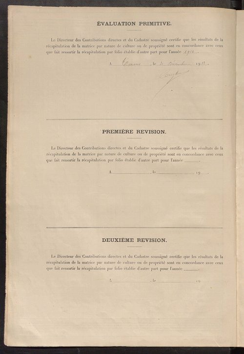 Tableau présentant les augmentations et les diminutions survenues dans la matière imposable ; récapitulation ; table alphabétique des propriétaires ; matrice des propriétés non bâties, fol. 1 à 500.