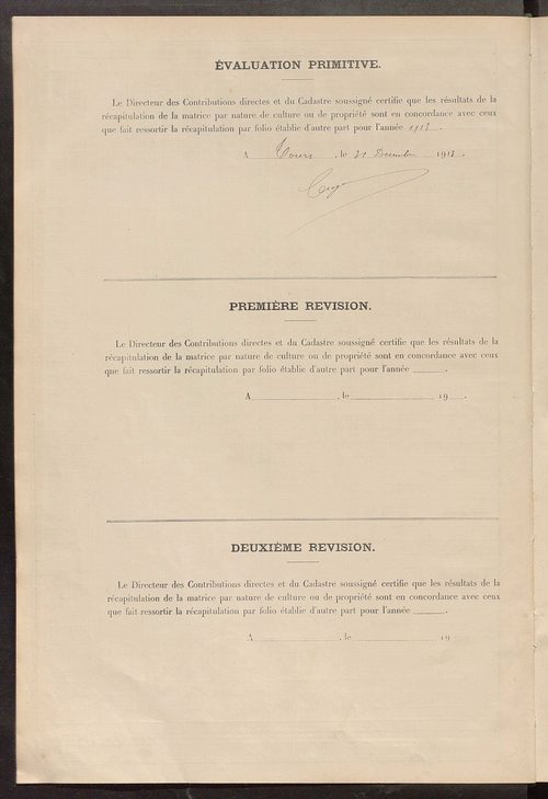 Matrice des propriétés non bâties ; tableau présentant les augmentations et les diminutions survenues dans la matière imposable ; récapitulation ; table alphabétique des propriétaires.