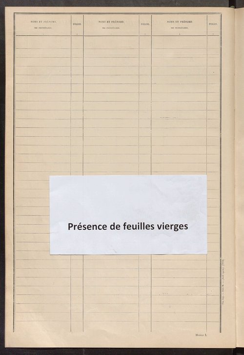 Matrice des propriétés non bâties ; tableau présentant les augmentations et les diminutions survenues dans la matière imposable ; récapitulation ; table alphabétique des propriétaires.