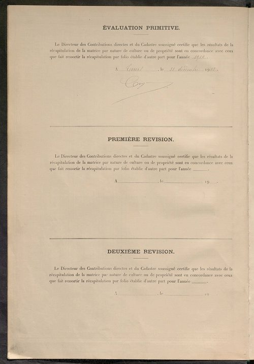 Tableau présentant les augmentations et les diminutions survenues dans la matière imposable ; récapitulation ; table alphabétique des propriétaires ; matrice des propriétés non bâties, fol. 1 à 498.