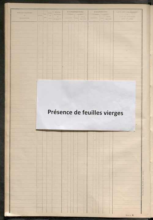 Tableau présentant les augmentations et les diminutions survenues dans la matière imposable ; récapitulation ; table alphabétique des propriétaires ; matrice des propriétés non bâties, fol. 1 à 498.
