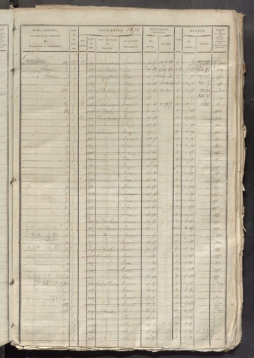 Matrice des propriétés foncières, fol. 1667 à 2176; récapitulation des contenances et des revenus de la matrice cadastrale, 1825 ; table alphabétique des propriétaires.