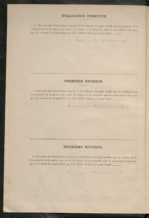 Matrice des propriétés non bâties ; tableau présentant les augmentations et les diminutions survenues dans la matière imposable ; récapitulation ; table alphabétique des propriétaires.