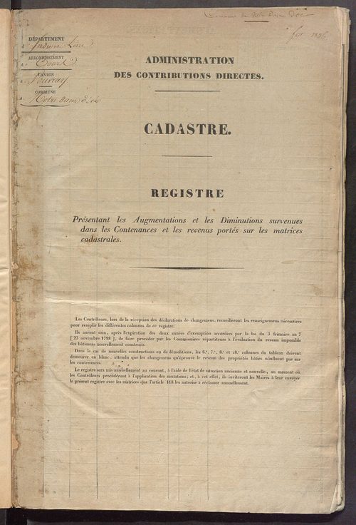 Registre présentant les augmentations et les diminutions survenues dans les contenances et les revenus portés sur les matrices cadastrales, 1830-1914 ; récapitulation des contenances et des revenus imposables, 1825 ; matrice des propriétés foncières, fol.