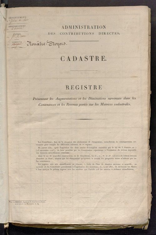 Commune de Noyers : registre présentant les augmentations et les diminutions survenues dans les contenances et les revenus portés sur les matrices cadastrales, 1830-1886 ; récapitulation des contenances et des revenus imposables [1855] ; récapitulation de