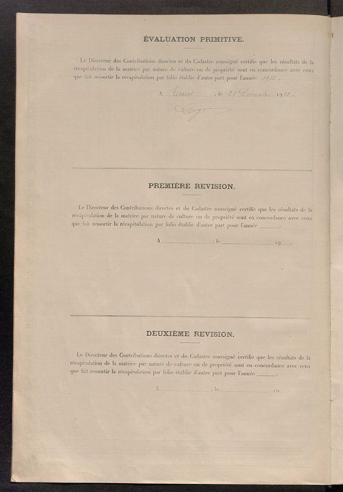 Matrice des propriétés non bâties ; tableau présentant les augmentations et les diminutions survenues dans la matière imposable ; récapitulation ; table alphabétique des propriétaires.