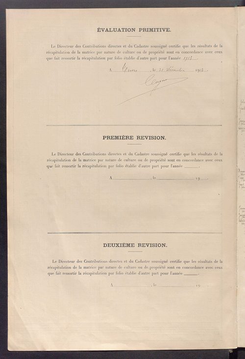 Tableau présentant les augmentations et les diminutions survenues dans la matière imposable ; récapitulation ; table alphabétique des propriétaires ; matrice des propriétés non bâties, fol. 1 à 492.