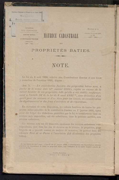 Matrice des propriétés bâties ; augmentations et diminutions, 1883-1891 ; séparation des revenus cadastraux afférents, pour l'année 1882, aux propriétés bâties et non bâties (état-balance) ; table alphabétique des propriétaires.