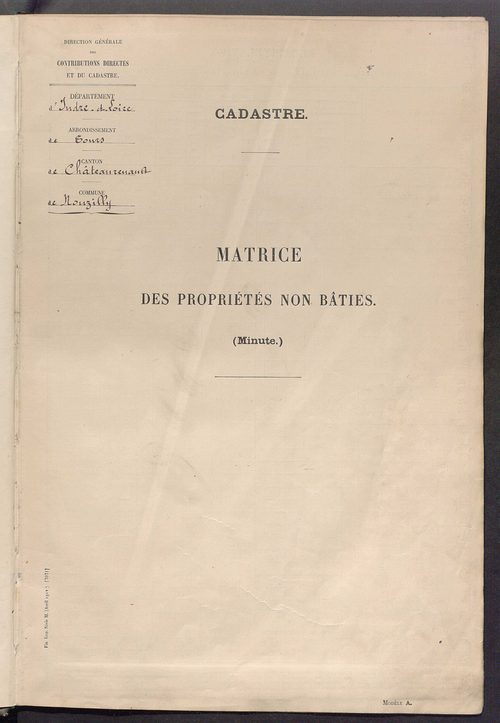 Tableau présentant les augmentations et les diminutions survenues dans la matière imposable ; récapitulation ; table alphabétique des propriétaires ; matrice des propriétés non bâties, fol. 1 à 492.