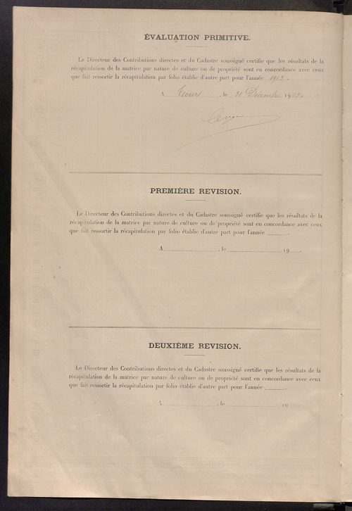Tableau présentant les augmentations et les diminutions survenues dans la matière imposable ; récapitulation ; table alphabétique des propriétaires ; matrice des propriétés non bâties, fol. 1 à 492.