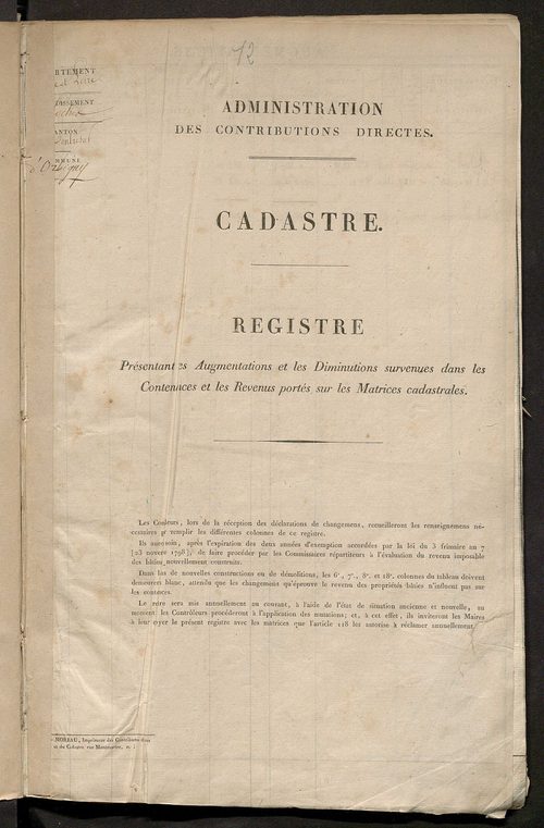 Registre présentant les augmentations et les diminutions survenues dans les contenances et les revenus portés sur les matrices cadastrales, 1830-1914 ; récapitulation des contenances et des revenus imposables, 1829 ; matrice des propriétés foncières, fol.
