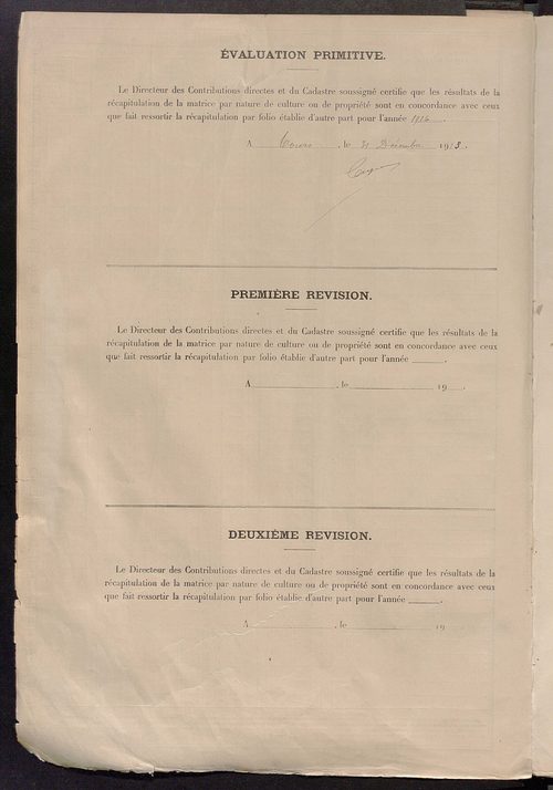 Tableau présentant les augmentations et les diminutions survenues dans la matière imposable ; récapitulation ; table alphabétique des propriétaires ; matrice des propriétés non bâties, fol. 1 à 500.