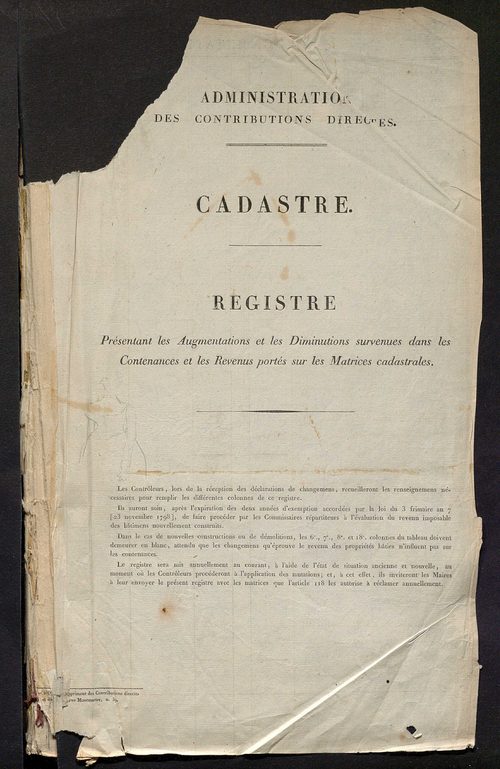 Registre présentant les augmentations et les diminutions survenues dans les contenances et les revenus portés sur les matrices cadastrales, 1827-1914 ; récapitulation des contenances et des revenus imposables, 1825 ; matrice des propriétés foncières, fol.
