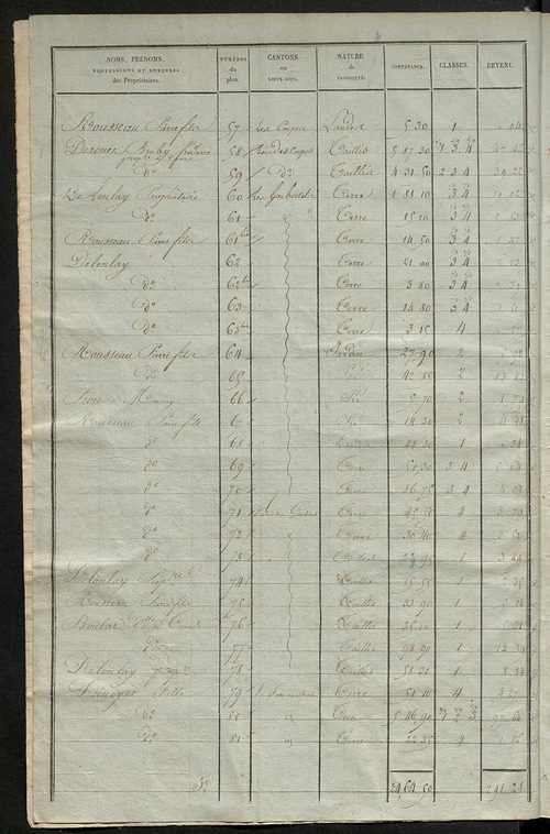 Etats de sections des propriétés non bâties et bâties ; relevé des numéros de propriétés non bâties de même nature ; relevé des propriétés bâties ; récapitulation de la contenance et du revenu imposables des propriétés.