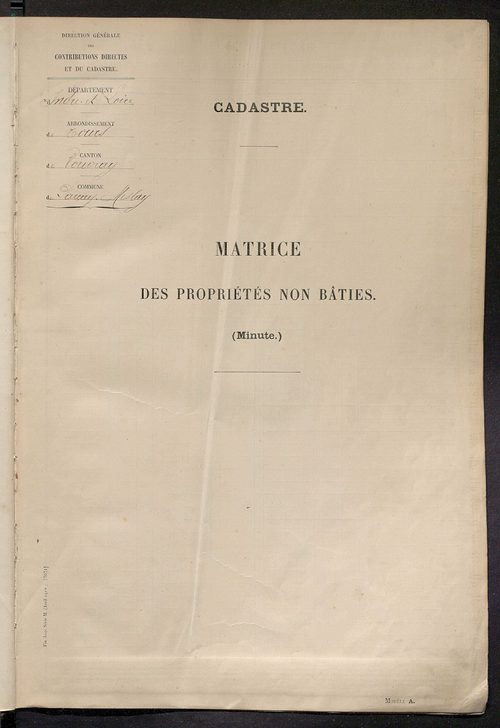Tableau présentant les augmentations et les diminutions survenues dans la matière imposable ; récapitulation ; table alphabétique des propriétaires ; matrice des propriétés non bâties, fol. 1 à 500.