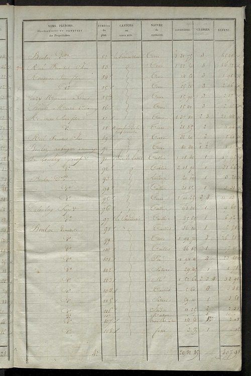 Etats de sections des propriétés non bâties et bâties ; relevé des numéros de propriétés non bâties de même nature ; relevé des propriétés bâties ; récapitulation de la contenance et du revenu imposables des propriétés.