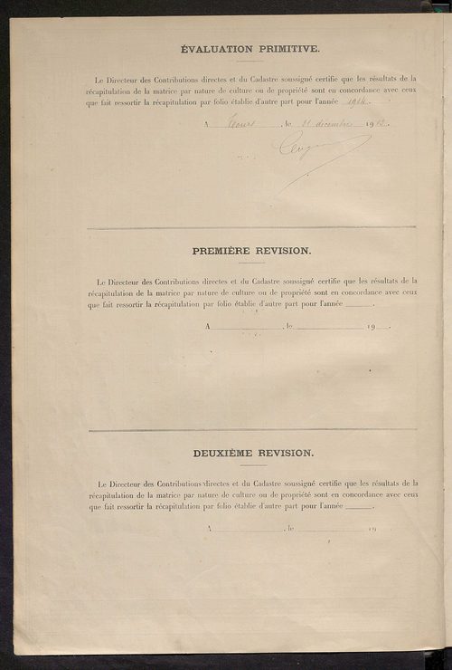 Tableau présentant les augmentations et les diminutions survenues dans la matière imposable ; récapitulation ; table alphabétique des propriétaires ; matrice des propriétés non bâties, fol. 1 à 500.