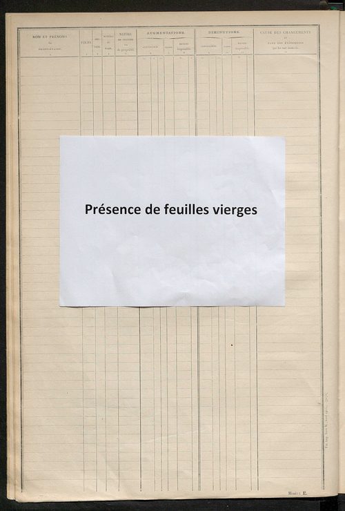 Tableau présentant les augmentations et les diminutions survenues dans la matière imposable ; récapitulation ; table alphabétique des propriétaires ; matrice des propriétés non bâties, fol. 1 à 500.