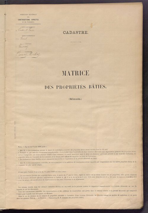 Matrice des propriétés bâties ; récapitulation ; table alphabétique des propriétaires.