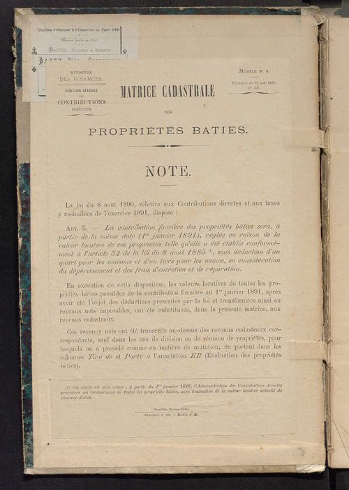 Matrice des propriétés bâties ; augmentations et diminutions, 1883-1891 ; séparation des revenus cadastraux afférents, pour l'année 1882, aux propriétés bâties et non bâties (état-balance) ; table alphabétique des propriétaires.