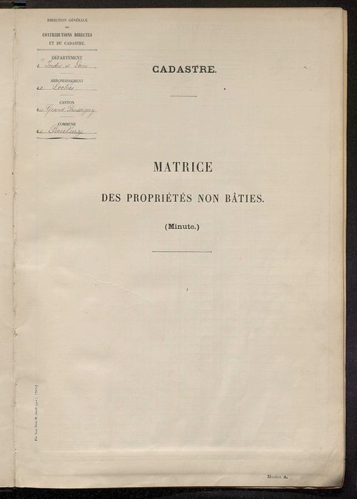 Tableau présentant les augmentations et les diminutions survenues dans la matière imposable ; récapitulation ; table alphabétique des propriétaires ; matrice des propriétés non bâties, fol. 1 à 400.
