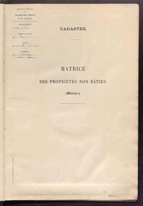 Tableau présentant les augmentations et les diminutions survenues dans la matière imposable ; récapitulation ; table alphabétique des propriétaires ; matrice des propriétés non bâties, fol. 1 à 492.